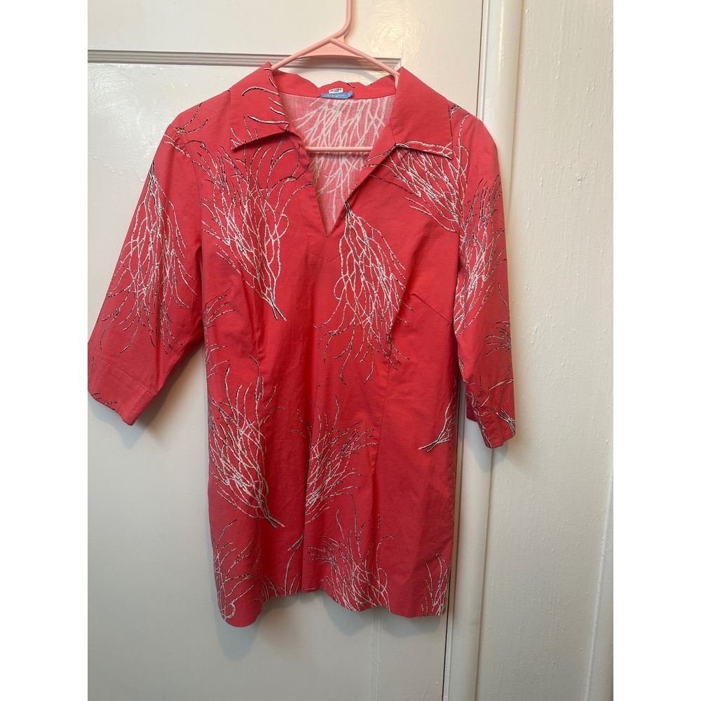 J.McLaughlin‎ Women Coral Pink Sea Branch Print V-Neck Tunic Top Size 8 Cotton